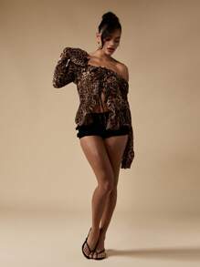 MISSGUIDED Off Shoulder Bardot Chiffon Blouse Animal Print Long Sleeve Ruffle Crop Festival Holiday Beach Summer Party Top - Multicolor - View 3