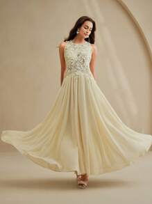Anewsta Elegant Urban Light Blue Flared Lace Patchwork Sleeveless Bodycon Midi Dress, High-End Lightweight Party Dress For Spring, Summer, Festival, Vacation - Light Yellow - View 5