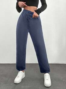 SHEIN Cottnline 女士高腰斜口口袋運動褲 - 藏蓝色 - 查看 3