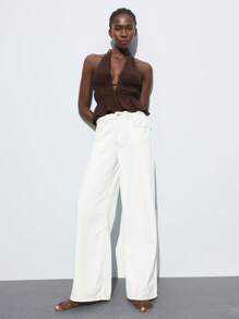 Maija Women's Sexy Solid Color Backless Halter Neck Top, Summer Brown Halter Top Deep V Neck Top Chocolate Brown Top Ruched Top Dark Brown Top,Autumn Outfits For Women, Christmas Women's Clothing