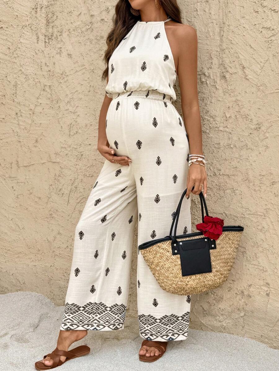 SHEIN Beige Geometric Print Suspenders Waist Tie Wide-Leg Casual Holiday Maternity Jumpsuit