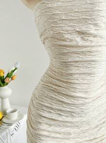 Soleia Vacation Light Yellow Ruched Strapless Low Waist Asymmetrical A-Line Dress - Beige - View 6