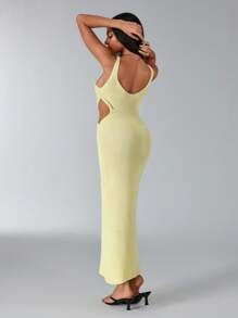 SHEIN Unity 女式夏季 V 领露背黄色腰部镂空设计针织吊带背心紧身连衣裙 - 黃色 - 查看 2