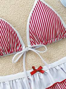 Soleia Bộ 2 món/Bộ đồ bơi bikini hai lớp in họa tiết sọc xanh trắng thắt nơ trang trí cho nữ - Đỏ - Xem 4