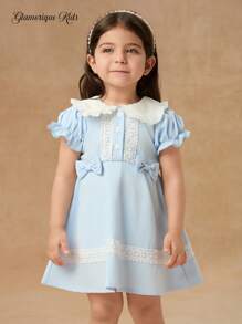 Glamorique Kids Baby Girls' Puff Sleeve Color Block Lace Decor Point Collar Front Opening Dress - Baby Blue - View 7