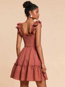 Travachic Chevron Print Ruffle Trim Dress - Rust Brown - View 2