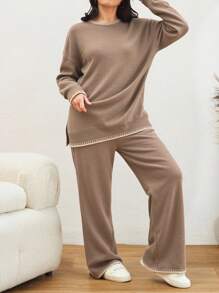 EURMUSE Color Block Edged Long Sleeve Sweater And Knitted Pants Two Pieces Set - Mocha Brown - View 4