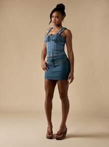 MISSGUIDED Western Style Mini Denim Skirt With Smocked Bodice Ruffle Straps Summer Festival Fashion Juniors High Waisted Above Knee Mini Skirt - Medium Wash - View 1