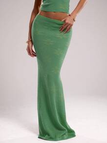 SHEIN BAE Women's Floral Print Maxi Mermaid Hem Knit Skirt - Mint Green - View 9