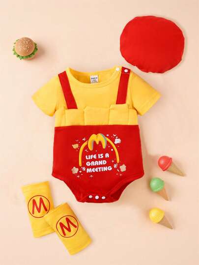 SHEIN Playful Pals Baby Boy Cute Casual Multi-Color Patterned Jumpsuit With Leggings And Hat