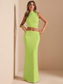 SHEIN BAE 2pcs Set: Spring/Summer White Sleeveless Asymmetric Twist Ruched Drape Neck Cami Top & Low Waist Ruched Pencil Skirt Knit Suit, For White Wedding Guest, Graduation, Vacation