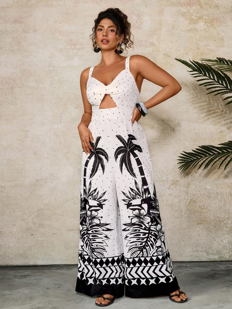 Travachic 大码女式夏季度假无袖镂空连体裤，黑白棕榈树热带印花阔腿长款连体裤，适合各种场合，如度假、海滩、夏季、城市度假、波西米亚风、欧洲夏季海岛度假等。