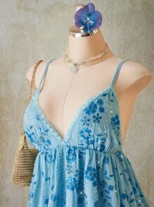 SHEIN ICON 大码亮片刺绣 V 领吊带节日连衣裙，蓝色 - 淺藍色 - 查看 4