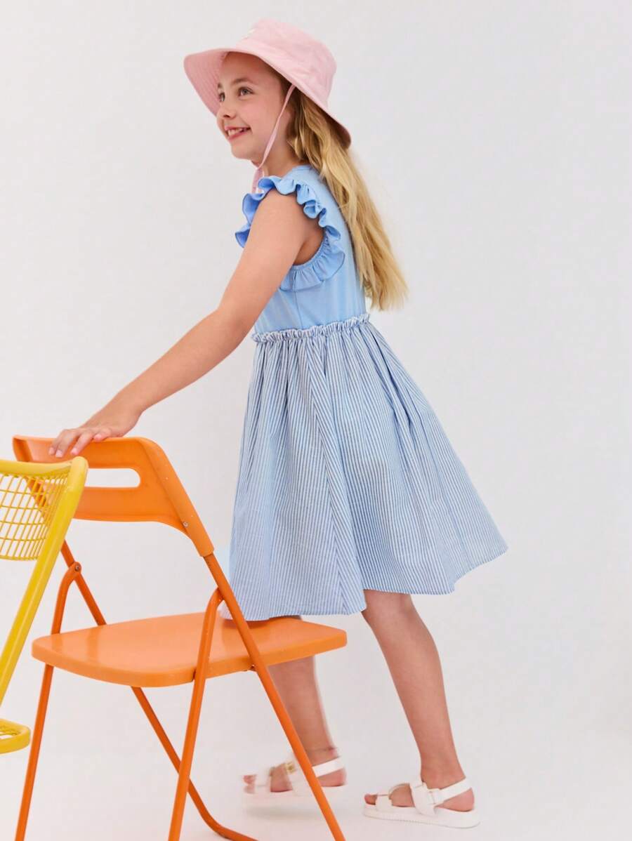 Leap Crew Leap Crew Tween 女童休闲简约舒适拼接圆领无袖中长连衣裙 - 藍色 - 查看 1