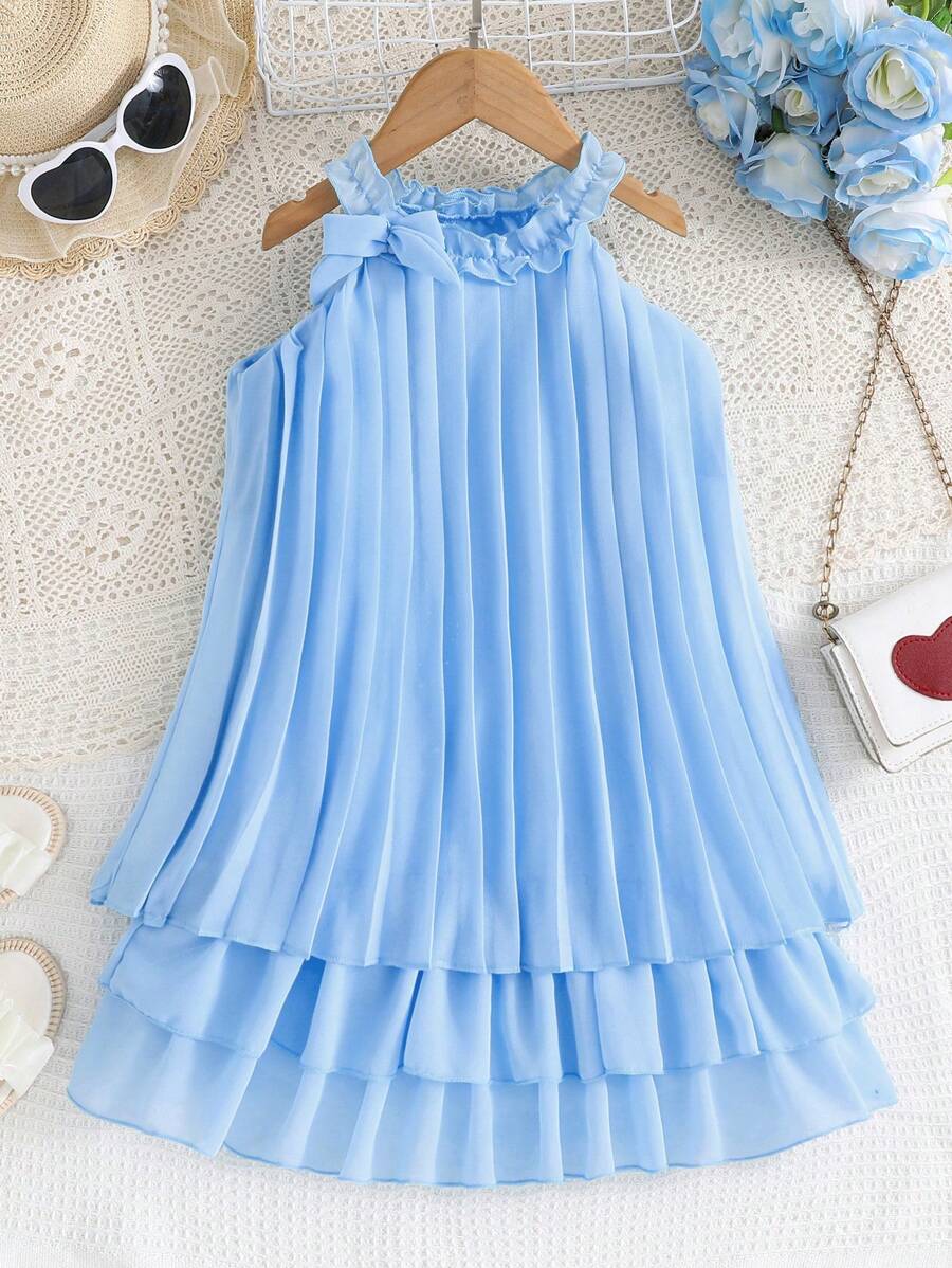 SHEIN Elladie kids Young Girl Solid Color Pleated Halterneck Dress Summer Holiday - Blue - View 1