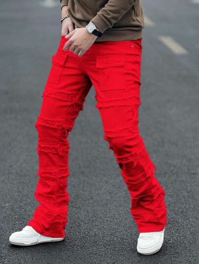 Manfinity LEGND Men's Casual Solid Color Raw Hem Skinny Jeans Red Stacked Pants