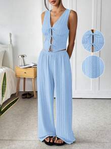SHEIN EZwear 夏季蓝色纹理针织绑带背心和裤子套装 - 藍色 - 查看 1