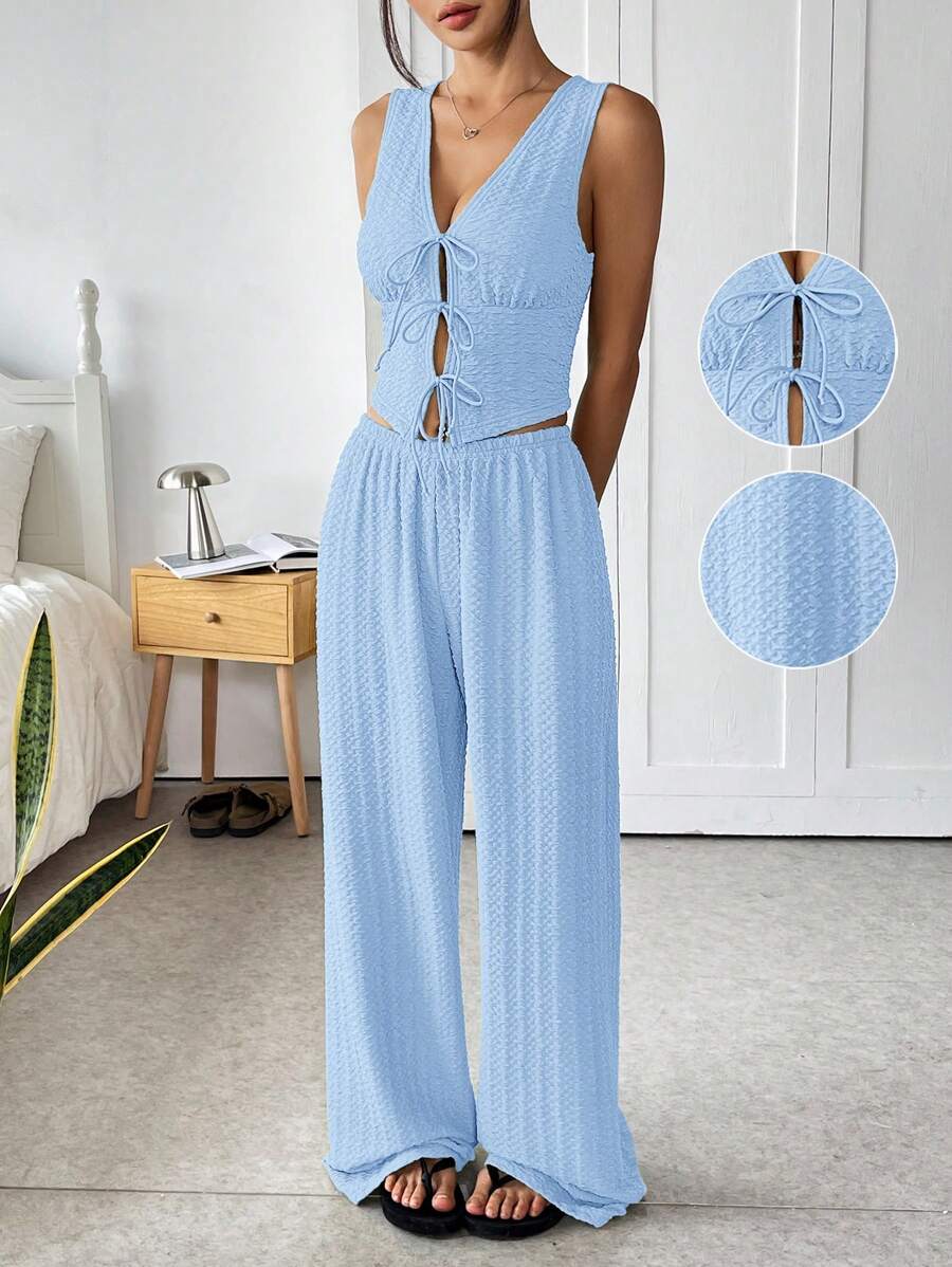 SHEIN EZwear 夏季蓝色纹理针织绑带背心和裤子套装 - 藍色 - 查看 1