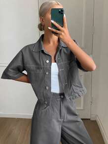 DAZY 2pcs Women Denim Shirt And Long Denim Pants Set, Spring/Summer,Back To School Clothes - Dark Grey - View 5