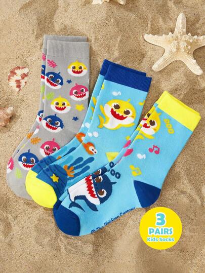 BABY SHARK X SHEIN 3 Pairs Cotton Cute Cartoon Ocean Pattern Mid-Calf Socks, Kids Unisex For Boys & Girls, Reinforced Toe & Heel, Durable, Suitable For School & Daily Wear, All Season,Back To School