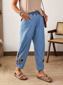 EMERY ROSE Women's Elastic Waist Floral Hollow Out Tapered Jeans - Blue - View 1