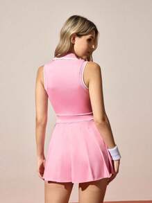 CourtClass Women's Contrast Trim Half Zip Pleated Sleeveless Active Dress - Pink - View 2