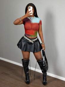 Slaydiva 2025 Autumn New Plus Size Women's Casual Street Style Sexy Sheer Mesh Color Block Patchwork Print Short Sleeve Fitted Blouse, Suitable For Music Festivals, Sexy Street Style, Graduation Season, Western Nomadic Style, Bohemian Style, Daily Outings, Motorcycle Sports, Clubs, Bombshell, Birthday Parties, Student Wear, Basic Versatile, Casual, Vacation, Cruise Travel, Beach, Sunbathing, Viral , Party Gatherings