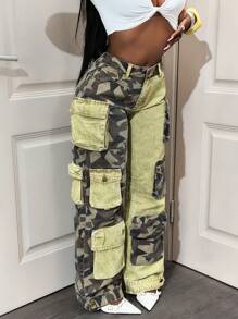 BamGleam 女式休闲迷彩拼布工装牛仔裤