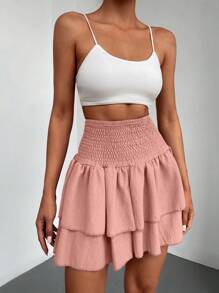 SHEIN Petite Size Summer Casual Solid Color High Waist Mini Skirt - Pink - View 3