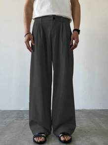 Claim Dot Men's Solid Color Pleated Loose Fit Casual Wide Leg Pants With Pockets, Fall - Dark Grey - View 4