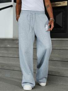 Manfinity Hypemode Men's Casual Versatile Letter Printed Drawstring Waist Sweatpants, Gym Sweatpants, Summer - Light Grey - View 6