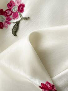 Chiquease Women's Summer Floral Embroidery Vacation Halterneck Cinched Waist Lightweight Organza Mini Dress Hibiscus Dress Embroidered Dress Vintage Dress