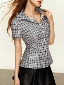 Rina Fox Women's Plaid Short Sleeve Single-Breasted Pocket Casual Shirt, Summer