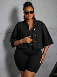 SHEIN SXY Plus Size Women's Non-Stretch Denim Short Jacket Outerwear