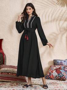 Al Najma Women Woven Ribbon Decor Notched Neck Long Dress