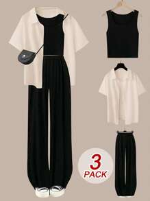 Flirla Conjunto de 3 piezas de talla grande para mujer, incluye top de tirantes, pantalones de pierna ancha y blusa de manga corta en color block, elegante conjunto para usar en casa