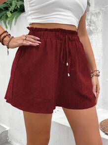 EMERY ROSE Pantalones cortos de mujer talla grande con bolsillos, cintura con lazo y volantes en el borde - Rosa Roja - Ver 4
