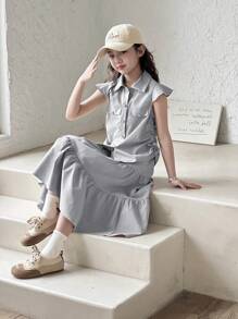 SHEIN 2 件套青少年女童优雅领口无袖衬衫上衣和不对称下摆荷叶边裙套装，灰色女童连衣裙、衬衫和裙子套装，小女孩 2 件套，两件套