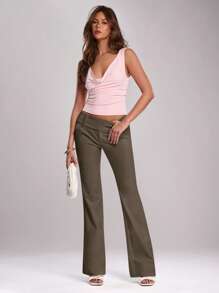 SHEIN BAE 春节音乐会派对白色低腰喇叭裤时尚女式长裤，适合派对、日常穿着、节日、街头活动、节日、夏季、狂欢、工装裤 - 棕色 - 查看 3