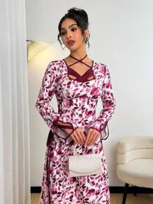 Yasmyna 女式侧腰系带浪漫花卉印花束腰优雅阿拉伯风格连衣裙，春夏 - 彩色 - 查看 5