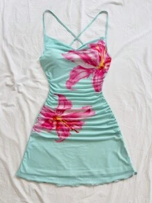 Soleia 花卉网眼褶饰露背细肩带迷你海滩度假连衣裙，节日约会夜装，适合春夏季、茶会、情人节 - 水鴨藍 - 查看 4