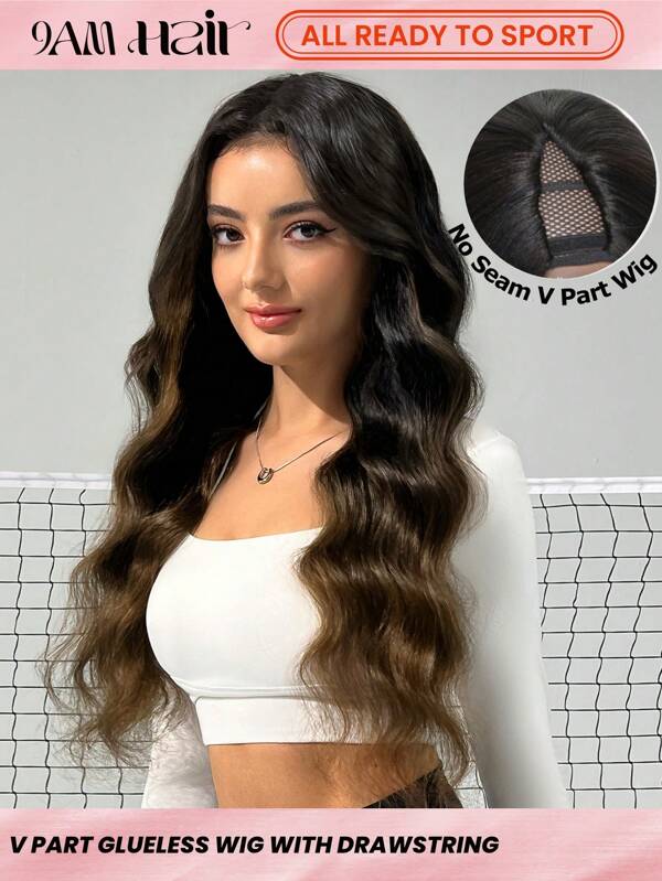 ALL READY WIG TO SPORT Peluca de cabello humano con parte V, peluca mitad de cabello humano con ondas corporales, de color negro a castaño claro degradado, sin dejar mechones al descubierto, con cordón invisible. Ideal para actividades deportivas, vacaciones, festivales, bailes de graduación, al aire libre, disfraces, campus universitario, playa, bodas, campamentos, vacaciones, atuendos de verano, estilo elegante y casual de moda Y2K.
