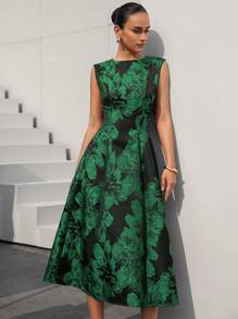 Aveloria Modichic 新款优雅端庄优雅女士连衣裙，精致奢华简约精致提花面料圆领无袖收腰宽喇叭裙连衣裙 - 綠色 - 查看 6