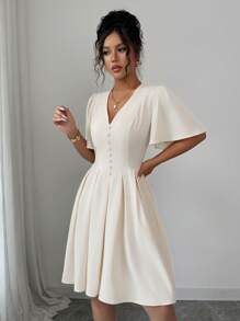 Elenzga 女士休闲 V 领泡泡袖荷叶边下摆短款连衣裙，优雅大方，适合通勤、度假、下午茶、派对 - 杏色 - 查看 1