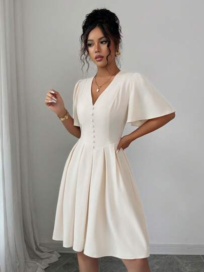 Elenzga Women's Casual V-Neck Puff Sleeve Ruffled Hem Short Dress, Elegant & Suitable For Commuting, Vacation, Afternoon Tea, Party