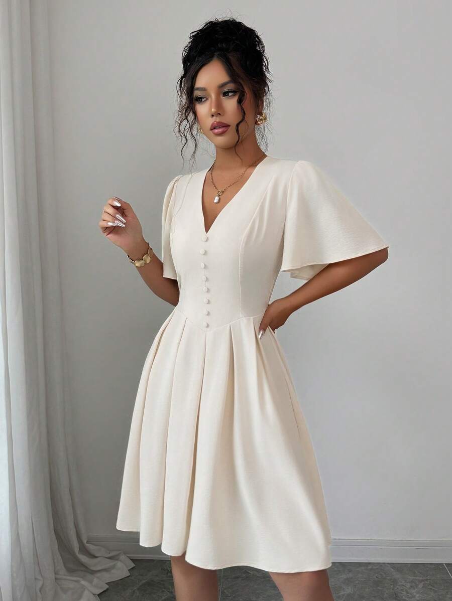 Elenzga 女士休闲 V 领泡泡袖荷叶边下摆短款连衣裙，优雅大方，适合通勤、度假、下午茶、派对 - 杏色 - 查看 1