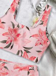 Conjunto de traje de baño informal para niñas preadolescentes con Top tipo camisola con estampado floral y Bottom triangular para el verano
