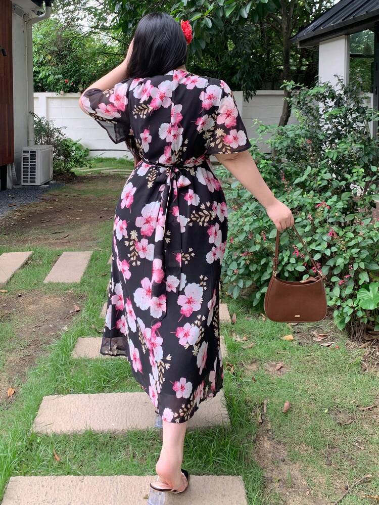 Dazy Plus Floral Printed V-Neck Fitted Ruffle Cuff Chiffon Maxi Elegant Dress, Summer