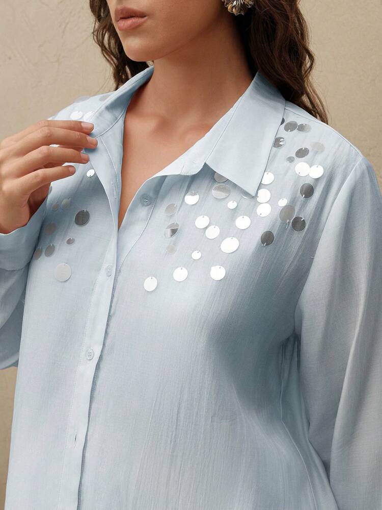 Elegant Handcrafted Beaded Light Pink Tencel Blouse With Loose Fit Stand Collar For Women
