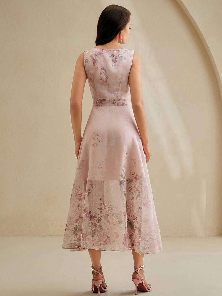 Women's Elegant Sleeveless Floral Print Cami A-Line Dress, Waist Gathered, Suitable For Spring/Summer Festivals, Graduation, Vacation, Beach Outfits